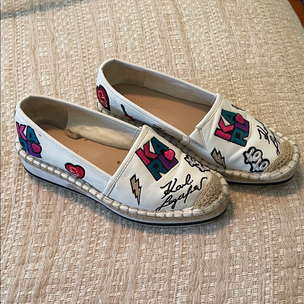 Karl Lagerfeld White Espadrilles with Colorful Embroidery